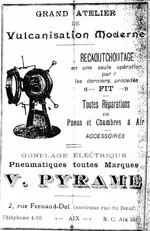 première affiche publicitaire Pyrame Pneus