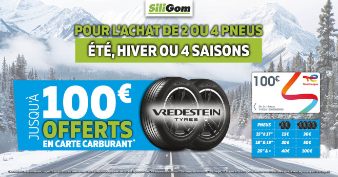 Jusqu’à 100€ remboursés en cartes essence pour l’achat de pneus été, 4S ou Hiver VREDESTEIN!